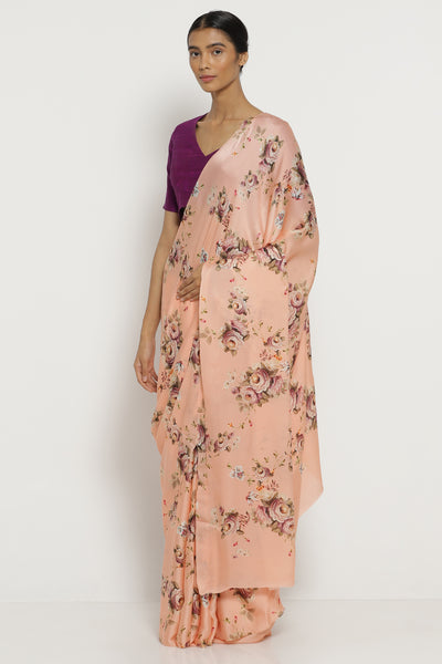 Via East peach silk satin saree with all over floral print         