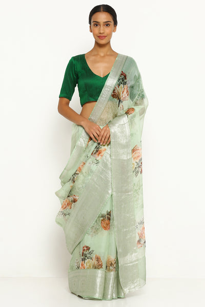 Via East mint green pure kota silk saree with all over floral print 