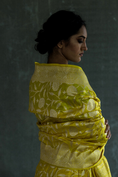 Via East daffodil yellow handloom pure silk banarasi saree with all over intricate zari motifs