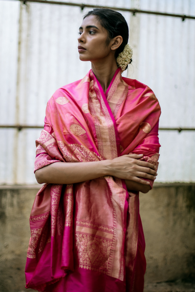 Via East bright pink handloom pure silk banarasi saree with all over traditional motifs and rich border